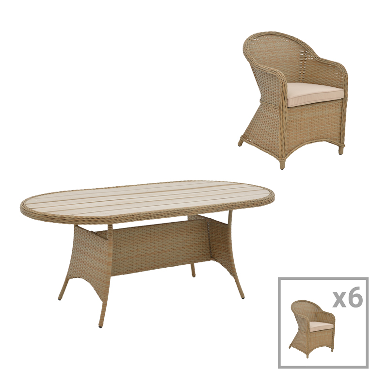 pak-152-000063 TΡΑΠΕΖΑΡΙΑ HADRIAN-KEIR PAKOWORLD ΣΕΤ 7ΤΕΜ ΚΑΦΕ RATTAN-ΜΠΕΖ TEXTILENE-ΚΑΦΕ ΑΛΟΥΜΙΝΙΟ 180X90X72ΕΚ