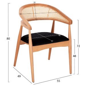 72688 ΠΟΛΥΘΡΟΝΑ KOMODUS HM18012.02 ΞΥΛΟ ΟΞΙΑΣ-RATTAN-ΥΦΑΣΜΑ ΣΕ ΜΑΥΡΟ 55x49x80Υεκ.