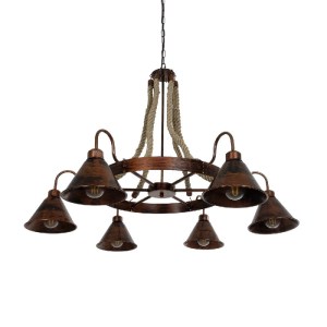 glo-10001191-10001191_0 GLOBOSTAR® CAMELOT 10001191 VINTAGE ΚΡΕΜΑΣΤΟ ΦΩΤΙΣΤΙΚΟ ΟΡΟΦΗΣ ΜΕ ΝΤΟΥΙ 6 X E27 AC 220-240V IP20 - ΧΑΛΚΙΝΟ & ΜΠΕΖ - Μ92 X Π92 X Υ118CM