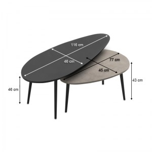 meg-GP022-0039,8-2 ΤΡΑΠΕΖΑΚΙ ΣΑΛΟΝΙΟΥ ΣΕΤ 2 ΤΜΧ ELIPS MEGAPAP ΧΡΩΜΑ ΜΑΥΡΟ - ΓΚΡΙ ΡΕΤΡΟ 116X46X46ΕΚ.