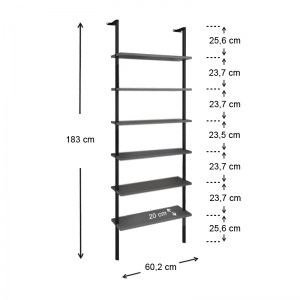 meg-GP041-0038,1-2 ΒΙΒΛΙΟΘΗΚΗ ΤΟΙΧΟΥ MADISON MEGAPAP ΜΕΤΑΛΛΙΚΗ - ΜΕΛΑΜΙΝΗΣ ΧΡΩΜΑ ΜΑΥΡΟ - ΑΝΘΡΑΚΙ 60X20X183ΕΚ.