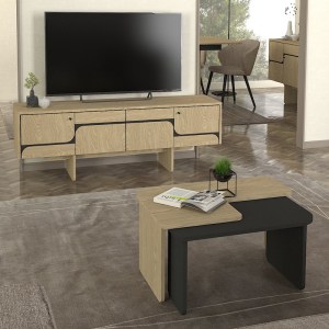 meg-GP042-0295,1-4 ΤΡΑΠΕΖΑΚΙ ΣΑΛΟΝΙΟΥ ΣΕΤ 2ΤΜΧ LAVA MEGAPAP ΧΡΩΜΑ ROTA OAK - ΑΝΘΡΑΚΙ 75X48,5X35,6ΕΚ.