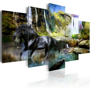 pol-a1-n1664-dkx_1 ΠΙΝΑΚΑΣ - BLACK HORSE ON THE BACKGROUND OF PARADISE WATERFALL 200X100