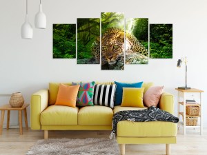 pol-a1-n7918_2_1 ΠΙΝΑΚΑΣ - LEOPARD LYING (5 PARTS) WIDE GREEN 100X50