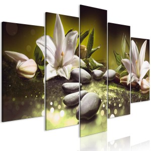 pol-a1-n7974_1 ΠΙΝΑΚΑΣ - LILIES AND STONES (5 PARTS) WIDE GREEN 100X50