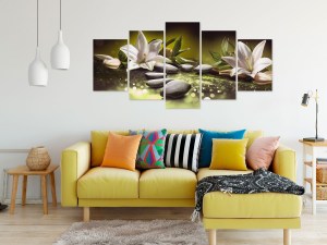 pol-a1-n7974_2_1 ΠΙΝΑΚΑΣ - LILIES AND STONES (5 PARTS) WIDE GREEN 100X50