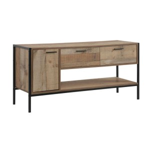 woo-119225 PALLET-W ΕΠΙΠΛΟ TV 2 ΣΥΡΤΑΡΙΑ ΝΤΟΥΛΑΠΙ, ΡΑΦΙ, ΜΕΤΑΛΛΟ ΒΑΦΗ ΜΑΥΡΟ, ΑΠΟΧΡΩΣΗ ANTIQUE OAK