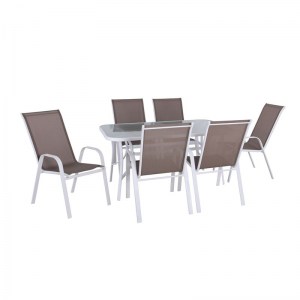 woo-122904 RIO SET ΤΡΑΠΕΖΑΡΙΑ ΚΗΠΟΥ ΑΣΠΡΟ ΜΕΤΑΛΛΟ,TEXTILENE CAPPUCCINO : ΤΡΑΠΕΖΙ+6 ΠΟΛΥΘΡΟΝΕΣ