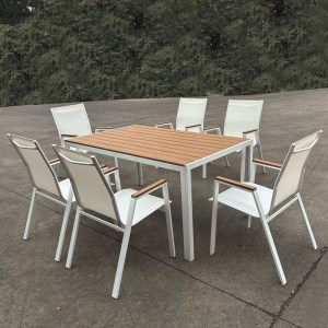 woo-125255 VIRNA SET ΤΡΑΠΕΖΑΡΙΑ: ΤΡΑΠΕΖΙ + 6 ΠΟΛΥΘΡΟΝΕΣ, ΜΕΤΑΛΛΟ ΒΑΦΗ ΑΣΠΡΟ, POLYWOOD ΦΥΣΙΚΟ