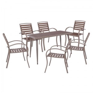 woo-125314 SERRANO SET ΚΗΠΟΥ: ΤΡΑΠΕΖΙ + 6 ΠΟΛΥΘΡΟΝΕΣ, ΜΕΤΑΛΛΟ ΒΑΦΗ SAND BEIGE, POLYWOOD ΚΑΡΥΔΙ