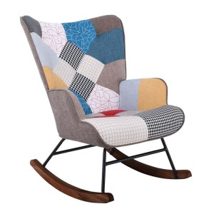 woo-125841 ALMA ROCKING ΠΟΛΥΘΡΟΝΑ ΜΠΕΡΖΕΡΑ ΚΑΘΙΣΤΙΚΟΥ, ΥΦΑΣΜΑ PATCHWORK, ΒΑΣΗ ΜΑΥΡΟ-ΚΑΡΥΔΙ