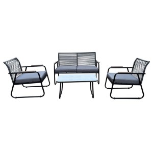 woo-126028 ROCCO SET ΣΑΛΟΝΙ ΚΗΠΟΥ 4ΤΕΜ, ΜΕΤΑΛΛΟ ΜΑΥΡΟ,ROPEWICKER ΓΚΡΙ, ΜΑΞΙΛ.ΣΚΟΥΡΟ ΓΚΡΙ, ΓΥΑΛΙ ΜΑΥΡΟ