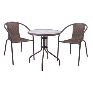woo-126341 BALENO-W SET ΚΗΠΟΥ - ΒΕΡΑΝΤΑΣ: ΤΡΑΠΕΖΙ + 2 ΠΟΛΥΘΡΟΝΕΣ ΜΕΤΑΛΛΟ ΚΑΦΕ - WICKER BROWN