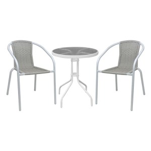 woo-126343 BALENO-W SET ΚΗΠΟΥ - ΒΕΡΑΝΤΑΣ: ΤΡΑΠΕΖΙ + 2 ΠΟΛΥΘΡΟΝΕΣ ΜΕΤΑΛΛΟ ΑΣΠΡΟ, WICKER BEIGE