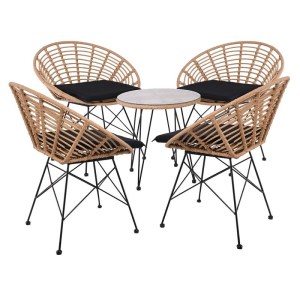 woo-126426 SALSA CORAL COFFEE SET ΚΗΠΟΥ ΜΕΤΑΛΛΟ ΜΑΥΡΟ - ΓΥΑΛΙ - WICKER ΦΥΣΙΚΟ: ΤΡΑΠΕΖΑΚΙ+4 ΠΟΛΥΘΡΟΝΕΣ