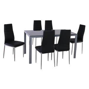 woo-126955 JETTA-DEGO SET ΤΡΑΠΕΖΑΡΙΑ: ΤΡΑΠΕΖΙ + 6 ΚΑΡΕΚΛΕΣ, ΜΕΤΑΛΛΟ ΓΚΡΙ - ΓΥΑΛΙ ΜΑΥΡΟ - PVC ΜΑΥΡΟ