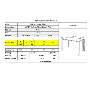 woo-40722 LAVIDA ΤΡΑΠΕΖΙ BAR ΜΕΤΑΛΛΟ ΒΑΦΗ ΦΥΣΙΚΟ, ΑΣΠΡΟ MDF
