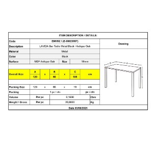 woo-40745 LAVIDA ΤΡΑΠΕΖΙ BAR ΜΕΤΑΛΛΟ ΒΑΦΗ ΜΑΥΡΟ, ΕΠΙΦΑΝΕΙΑ ΑΠΟΧΡΩΣΗ ANTIQUE OAK