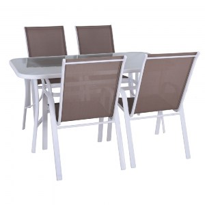 woo-43200 RIO SET ΤΡΑΠΕΖΑΡΙΑ ΚΗΠΟΥ ΑΣΠΡΟ ΜΕΤΑΛΛΟ -TEXTILENE CAPPUCCINO : ΤΡΑΠΕΖΙ + 4 ΠΟΛΥΘΡΟΝΕΣ