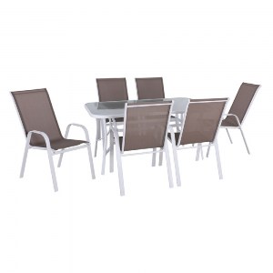 woo-46234 RIO SET ΤΡΑΠΕΖΑΡΙΑ ΚΗΠΟΥ ΑΣΠΡΟ ΜΕΤΑΛΛΟ,TEXTILENE CAPPUCCINO : ΤΡΑΠΕΖΙ+6 ΠΟΛΥΘΡΟΝΕΣ