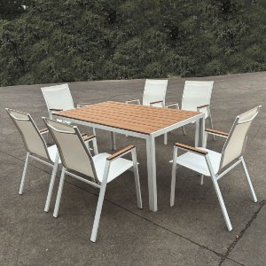 woo-46801 VIRNA SET ΤΡΑΠΕΖΑΡΙΑ: ΤΡΑΠΕΖΙ + 6 ΠΟΛΥΘΡΟΝΕΣ, ΜΕΤΑΛΛΟ ΒΑΦΗ ΑΣΠΡΟ, POLYWOOD ΦΥΣΙΚΟ