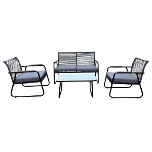 woo-47937 ROCCO SET ΣΑΛΟΝΙ ΚΗΠΟΥ 4ΤΕΜ, ΜΕΤΑΛΛΟ ΜΑΥΡΟ,ROPEWICKER ΓΚΡΙ, ΜΑΞΙΛ.ΣΚΟΥΡΟ ΓΚΡΙ, ΓΥΑΛΙ ΜΑΥΡΟ