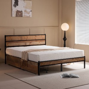 woo-48081 PALLET ΚΡΕΒΑΤΙ ΔΙΠΛΟ-ΣΥΡΤΑΡΙΑ, ΓΙΑ ΣΤΡΩΜΑ 160X200CM, ΜΕΤΑΛΛΟ ΒΑΦΗ ΜΑΥΡΟ, ANTIQUE OAK