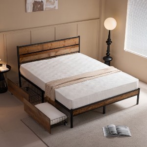 woo-48082 PALLET ΚΡΕΒΑΤΙ ΔΙΠΛΟ-ΣΥΡΤΑΡΙΑ, ΓΙΑ ΣΤΡΩΜΑ 160X200CM, ΜΕΤΑΛΛΟ ΒΑΦΗ ΜΑΥΡΟ, ANTIQUE OAK