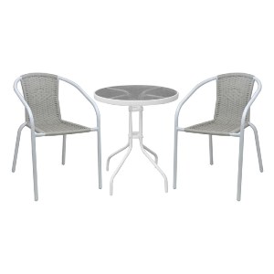 woo-48710 BALENO-W SET ΚΗΠΟΥ - ΒΕΡΑΝΤΑΣ: ΤΡΑΠΕΖΙ + 2 ΠΟΛΥΘΡΟΝΕΣ ΜΕΤΑΛΛΟ ΑΣΠΡΟ, WICKER BEIGE