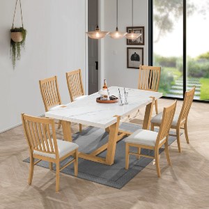 woo-48829 COMET SET ΤΡΑΠΕΖΑΡΙΑ ΞΥΛΙΝΗ: ΤΡΑΠΕΖΙ+6 ΚΑΡΕΚΛΕΣ, ΦΥΣΙΚΟ ΜΕ MDF ΑΣΠΡΟ ΜΑΡΜΑΡΟ,ΥΦΑΣΜΑ ΑΣΠΡΟ